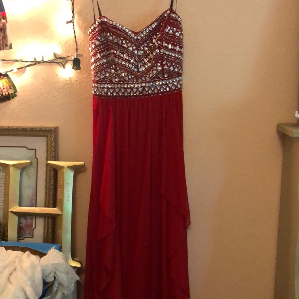 Red beaded strapless prom dress